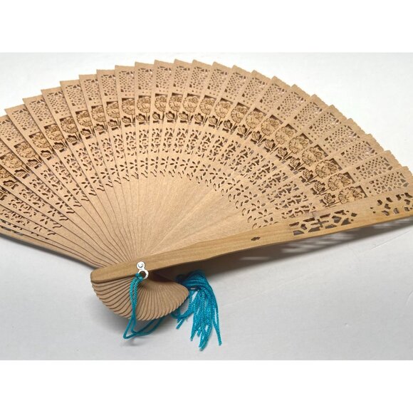 Vintage Handheld Wooden Folding Fan Die Cut Intricate Floral Design Blue Tassel - Picture 7 of 8